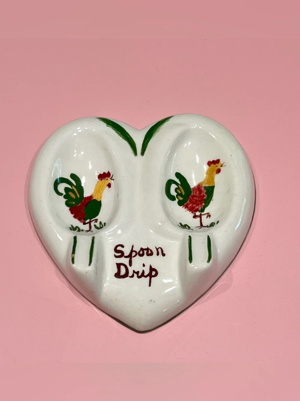 Vintage 50s Heart Shaped Double Spoon Rest Rooster MCM Country Farmhouse Kitschy